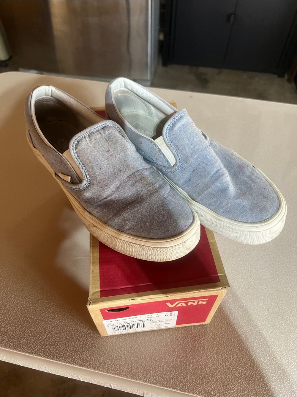 Vans Men’s Slip-On Canvas Loafers in Light Blue with White Soles